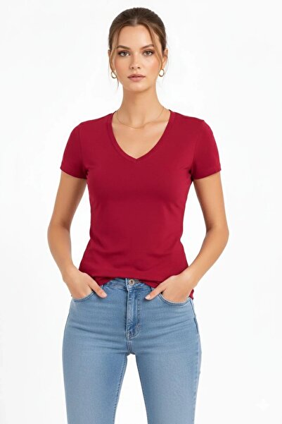 Tarz Kadın T-Shirt V Yaka Slim Fit Likralı Tişört Yazlık Basic Body - Nar Çiçeği