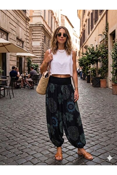 AYASOFYA OTANTIK Γυναικείο ιταλικό μαύρο παντελόνι με σχέδιο Μαντέλα, με ελασ...