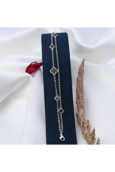 Masios Silver Çift Sıra Yonca Model Siyah Mineli 925 Ayar Gümüş Bileklik (Rod...