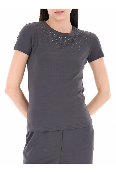 EA7 Women's Rhinestone Patterned Round Neck Short Sleeve Gray T-Shirt 7W00146...