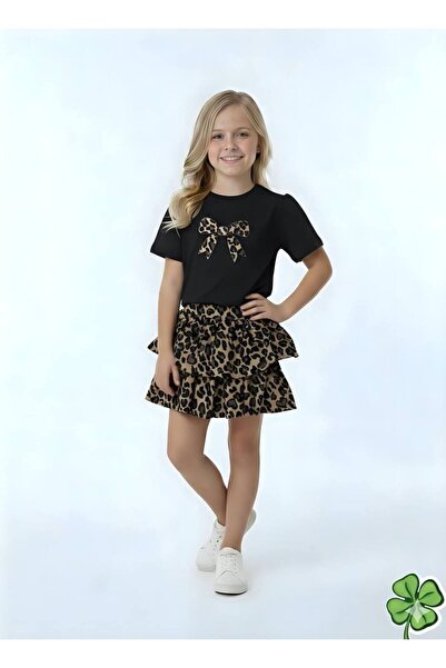ARBİ kids Κοριτσίστικο μοντέρνο σετ με φιόγκο, πολυεπίπεδη φούστα με λεοπάρ σ...
