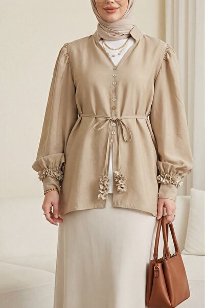Modamorfo V-Neck Modal Shirt with Floral Sleeves and Buttoned Lace-Up - Light...