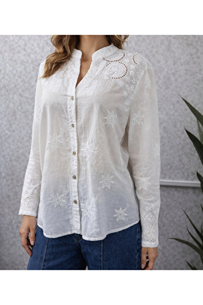 TUGBA COLLECTION NAKIŞ L İŞLEMELİ ÇİÇEK DESENLİ %100 PAMUK ŞIK & ZARİF GÖMLEK