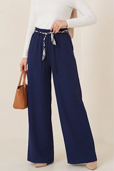 Modamorfo Wide Leg Linen Trousers with Elastic Waistband and Pockets - Navy