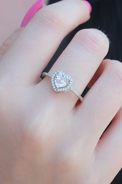 Nehir Stylish Silver Color Zircon Stone Heart Model Charm Brass Women's Ring ...