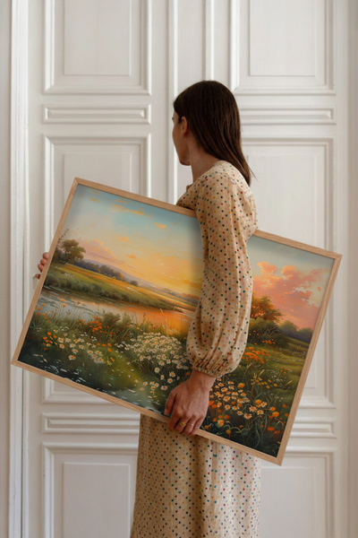 STARYUNA Εφέ ελαιογραφίας με ξύλινο πλαίσιο, ηλιοβασίλεμα, λουλουδάτο ποτάμι ...