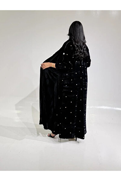 Tori Black Velvet Abaya with Dotted Velvet Accents