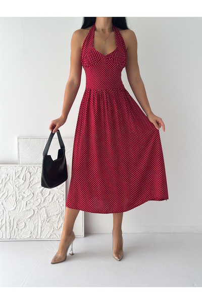 MaxiMor Women's Red Color Polka Dot Viscose Fabric Halter Neck Dress with Gip...