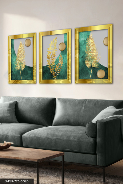 Evinemoda Χρυσά Φύλλα και Κύκλοι 3 Τεμάχια Πλεξιγκλάς Καθρεπτικός Πίνακας