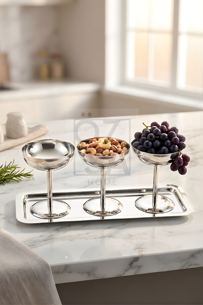 ÖzSa Home 3’lü Paslanmaz Çelik Büyük Boy Ayaklı Kase Tepsili Sunum Takımı Kah...