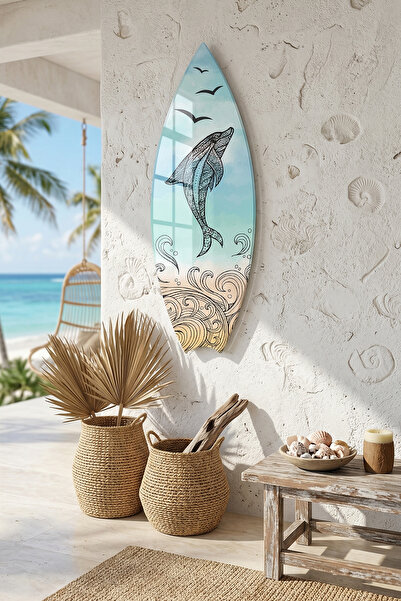 Decorita Sörf Tahtası Şekilli Modern Cam Tablo | Dolphin Mandala | 33cm x 99,5cm