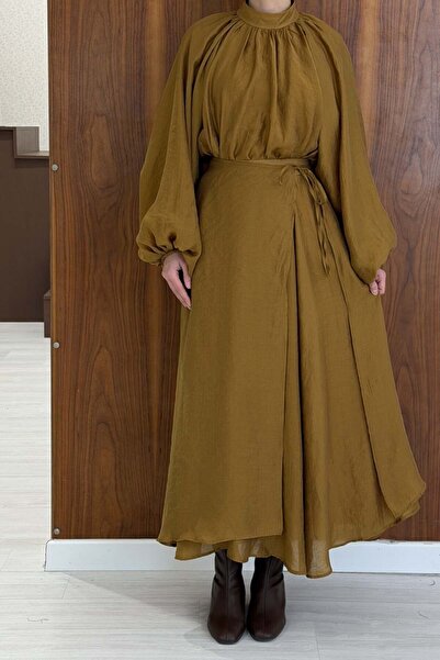 Faya Boutique Wavy Chiffon Fabric Mustard Balloon Sleeve Set