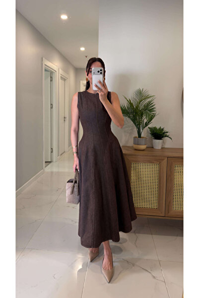 BİRCANÇİL Disran Kahve Αμάνικο Φόρεμα με Τζιν Λεπτομέρειες