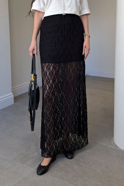 MAGARDE Φούστα με ελαστική μέση και λεπτομέρεια από δαντέλα - ΜΑΥΡΗ