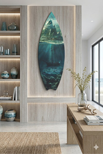 Decorita Sörf Tahtası Şekilli Modern Cam Tablo | Kayıp Rota | 33cm x 99,5cm