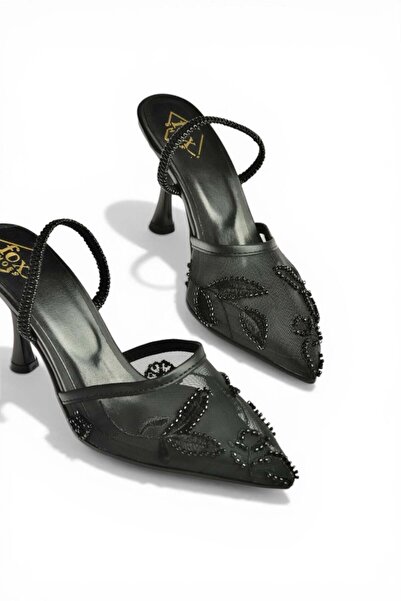 Fox Shoes Y752076315 Pantofi de damă cu toc subțire, cu plasă neagră și brode...