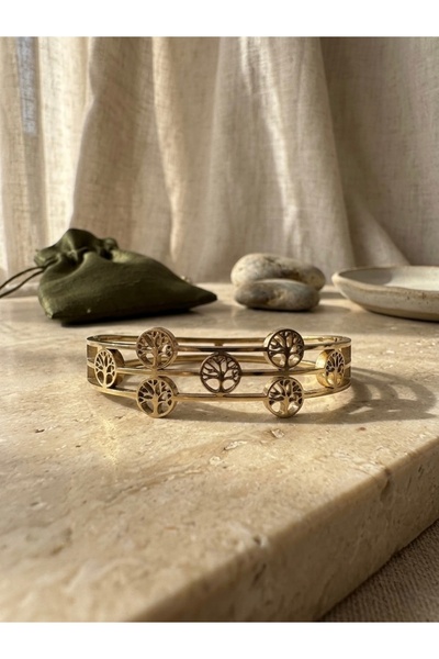 Meneva Aksesuar Tree of Life Figured Triple Line Gold Color Stainless Steel C...