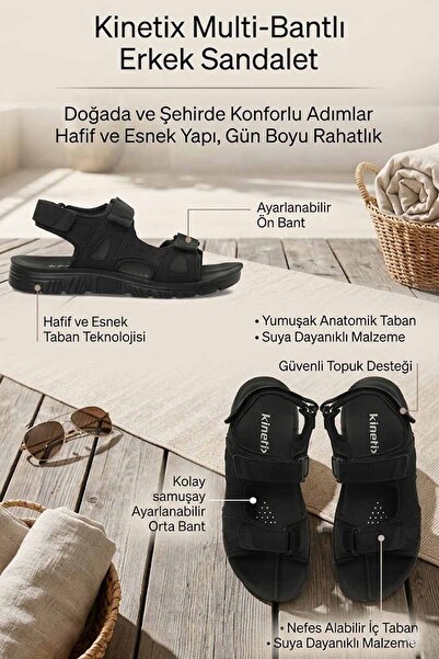 Kinetix Men's Black Three-Stripe Adjustable Velcro Anatomical Daily Sandals