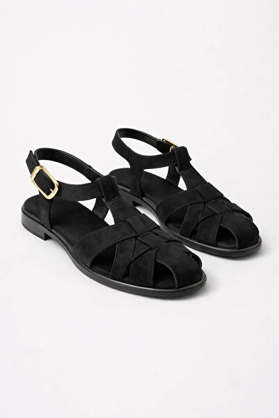 bakacstore Women's Black Suede Fabric Comfortable Sole Daily Sandals