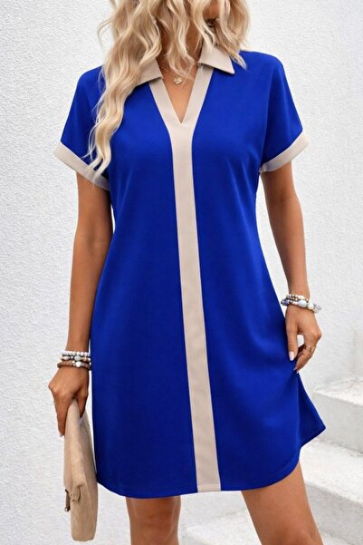 Modayakamoz Γυναικείο κοντομάνικο φόρεμα με λαιμόκοψη V και λεπτομέρεια ρίγας...