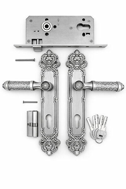 Generic Mortise Door Handle Set, Silver Finish, Lock Body, Cylinder and Keys ...