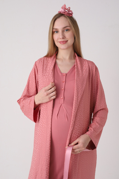 ERDENİZ TEKSTİL Patterned Textured Dressing Gown and Lace Detailed Maternity Nightgown 2-Piece Set