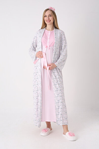 ERDENİZ TEKSTİL Σετ νυχτικών και ρόμπας εγκυμοσύνης με μοτίβο, με ζώνη, δαντέ...