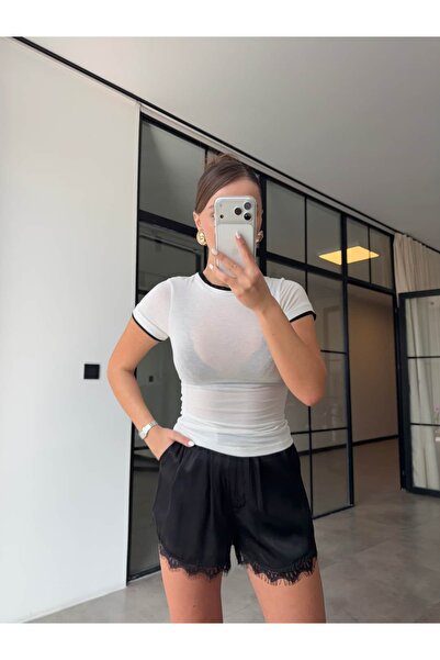 BB Bensu Buyruk Transparent T-Shirt with Contrast Detail, Ecru