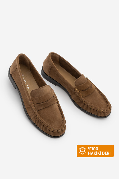 Marjin Women's Genuine Leather Oval Toe Moccasin Stitched Drawstring Loafer C...