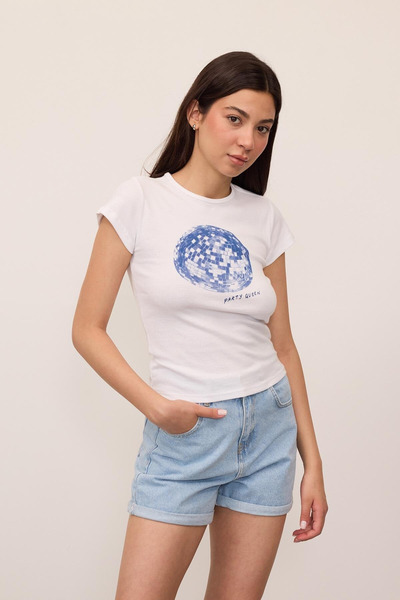 ZAVIXO Tricou crop pentru femei, 100% bumbac, croială slim PARTY QUEEN
