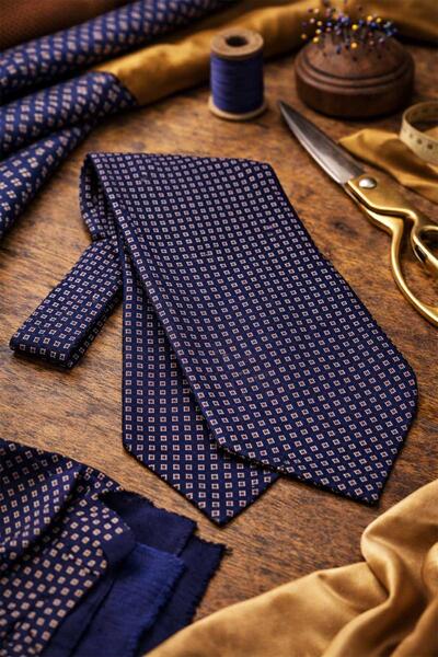 Kravatkolik Square Pattern Navy Blue Italian Silk Ascot Tie Sac65