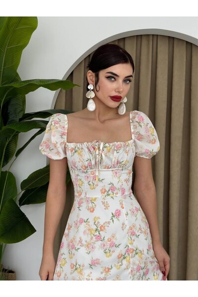 Julidress Φόρεμα μίντι premium με μανίκια μπαλόνι, τετράγωνο γιακά, λεπτομέρε...