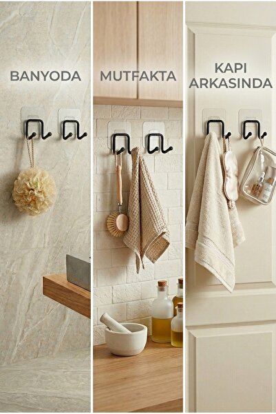 ANZA HOME Yapışkanlı 2 Adet Çift Kancalı Banyo Mutfak Askısı Metal Askılık Du...
