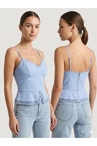 marvion Kadin gulur detayli ince askili arkasi fermuarli crop bluz
