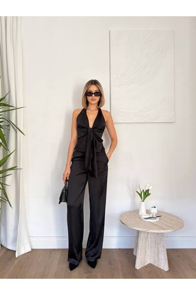 BEAUTY FASHİON Women's Satin Knot Detailed Thick Strap Jumpsuit