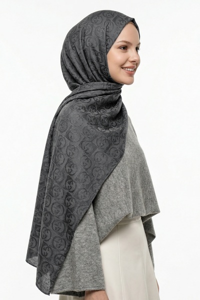 InStyle Βαμβακερό σάλι με σχέδιο G σε ανθρακί ζακάρ