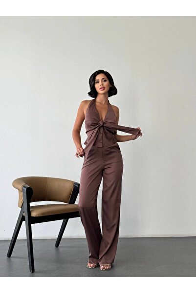 BEAUTY FASHİON Women's Satin Knot Detailed Thick Strap Jumpsuit