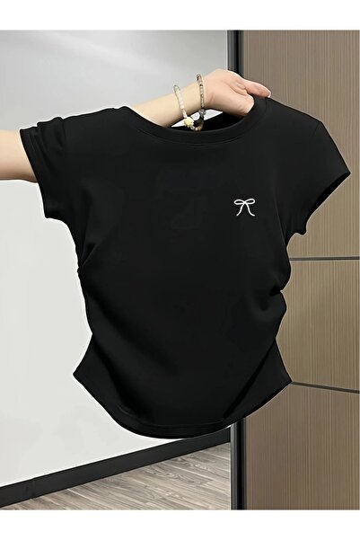 ZAVIXO Γυναικείο 100% βαμβακερό crop t-shirt στενής γραμμής με διακοσμητικό σ...