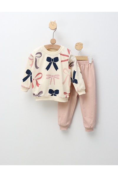 MiniKids Εμπριμέ σύνολο με παπιγιόν, κρεμ-ροζ
