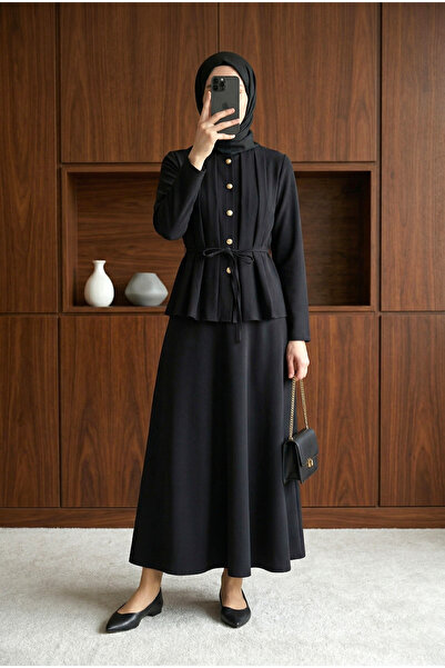 MODAQU Σετ Κρεπ με Πλισέ Φούστα και Κουμπιά - Μαύρο