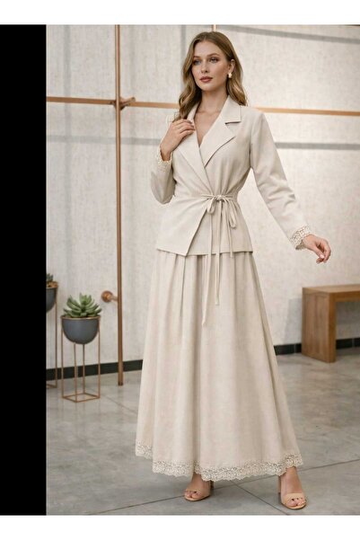 Mikxim طقم من قطعتين من الكتان مع تنورة وسترة بتفاصيل من الدانتيل وربطة أمامية