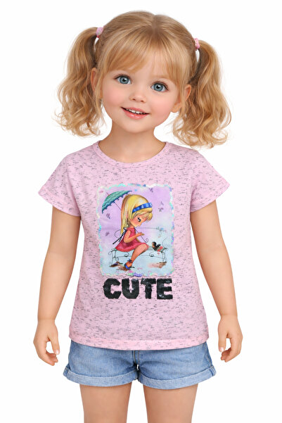 İrem Çocuk Giyim Girl's Cute Written Front Patterned Sequined Pink Color T-Shirt