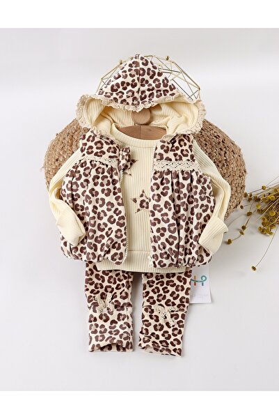 MiniKids Βελούδινο σετ, 3 τεμαχίων, με γιλέκο λεοπάρ, κρεμ