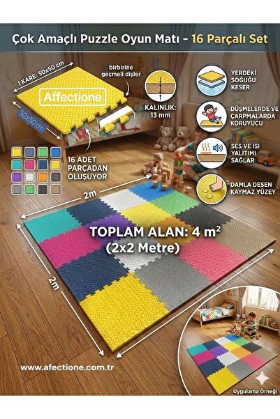 AFFECTİONE DAMLA DESEN 13 mm 50X50 cm 16 adet karışık renk puzzle tatami mind...