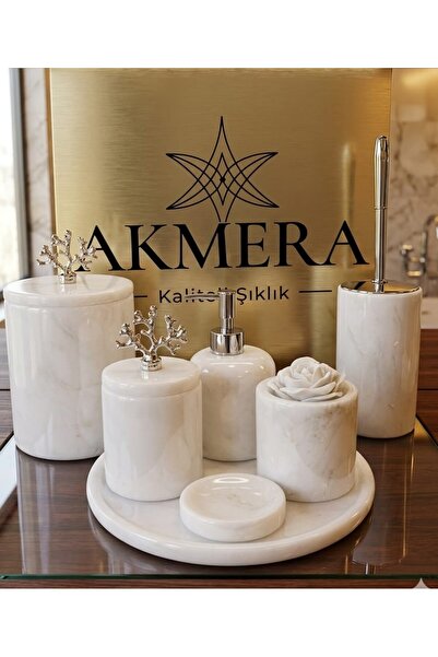 Akmera Home Gerçek Mermer Beyaz 7 Parça Lüks Banyo Seti