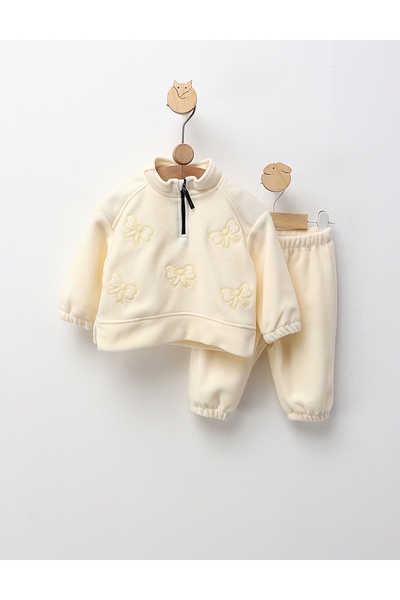 MiniKids Χοντρό σετ φλις με φιόγκους, κρεμ