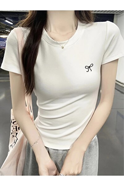 ZAVIXO Γυναικείο 100% βαμβακερό crop t-shirt στενής γραμμής με διακοσμητικό σ...