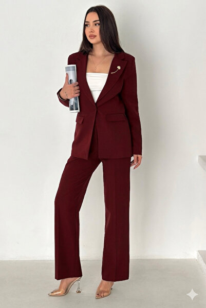 diaves Bordo Broş Detay Blazer Ceket ve Pantolon Takım Elbise
