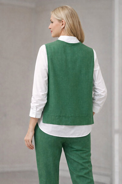BEYDA Set verde din două piese – Combinație vestă și pantaloni cu detalii de legătură, șic și elegant pentru zi cu zi și birou, cu cămașă.