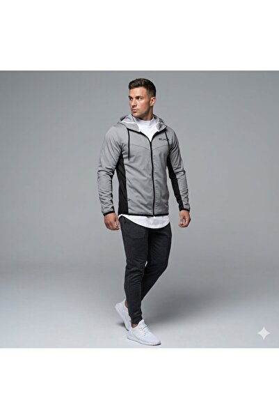 NOFLEN Ανδρικό μπουφάν με στάμπα λογότυπου, σε γκρι χρώμα και μαύρο, με φερμουάρ